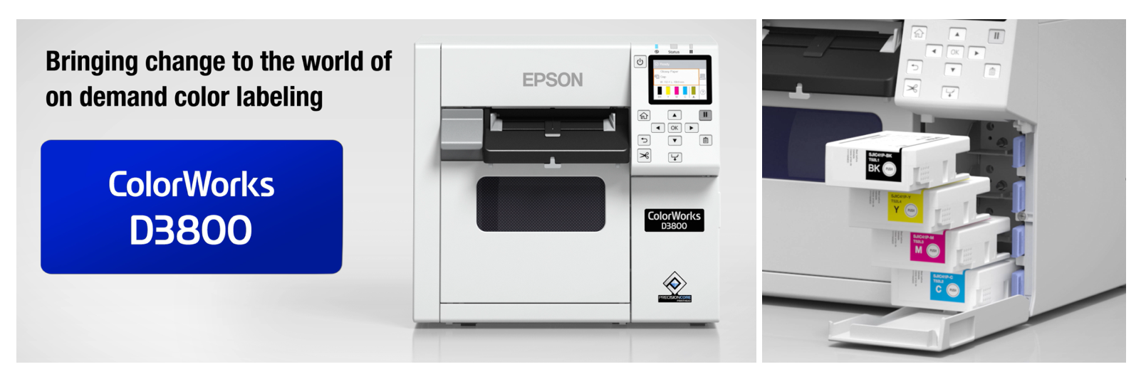 Epson ColorWorks D3800 product graphic showing the color label printer and ink cartridges with text reading “Bringing change to the world of on demand color labeling.”