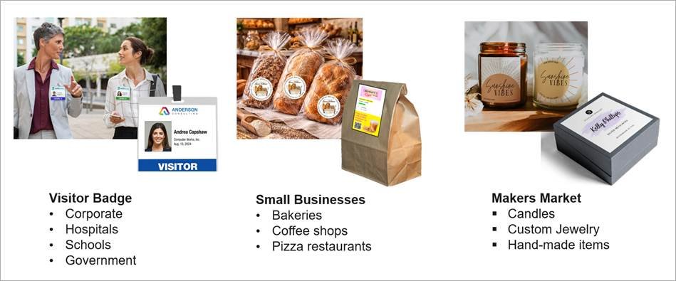 Epson ColorWorks D3800 application graphic showing visitor badges, bakery and coffee shop labels, and makers market products like candles, custom jewelry, and handmade items.