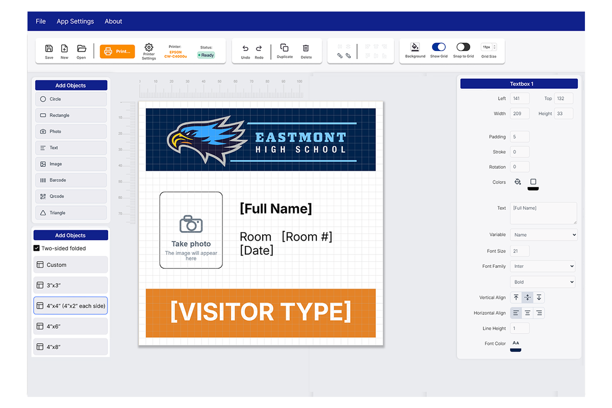 Epson Label Boost Designer interface showing a visitor badge template being customized with text, photo, barcode and QR code tools, layout controls, and variable data fields.