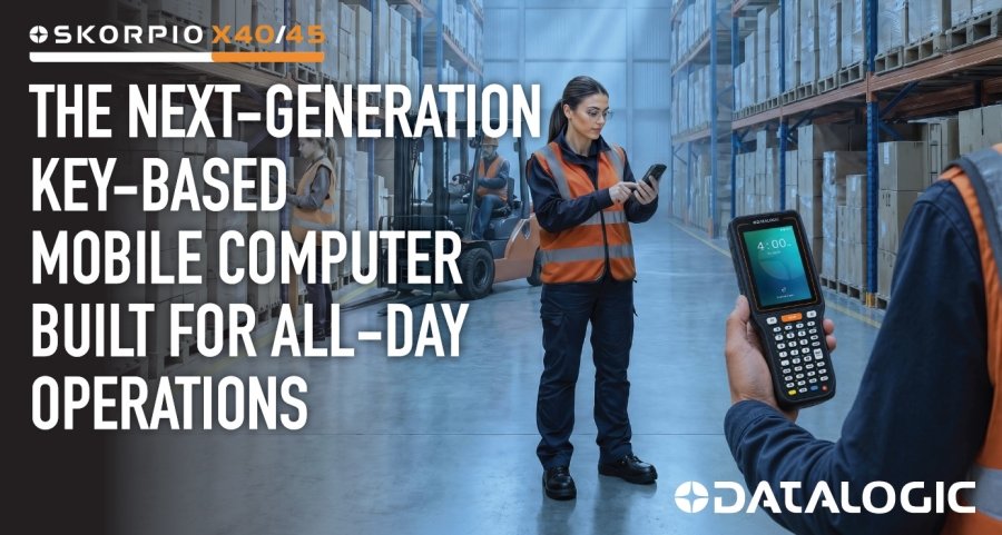 Datalogic Skorpio X40/45 warehouse graphic showing workers using a key-based mobile computer in a warehouse, with text reading “The next-generation key-based mobile computer built for all-day operations.”
