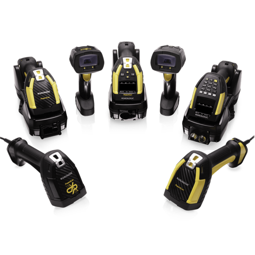 various models of the datalogic powerscan series scanners layed out on a white background