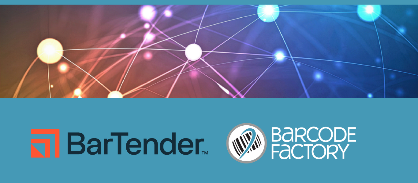BarTender 12 software with Barcode Factory branding and connected network graphic representing labeling, tracking, and data integration