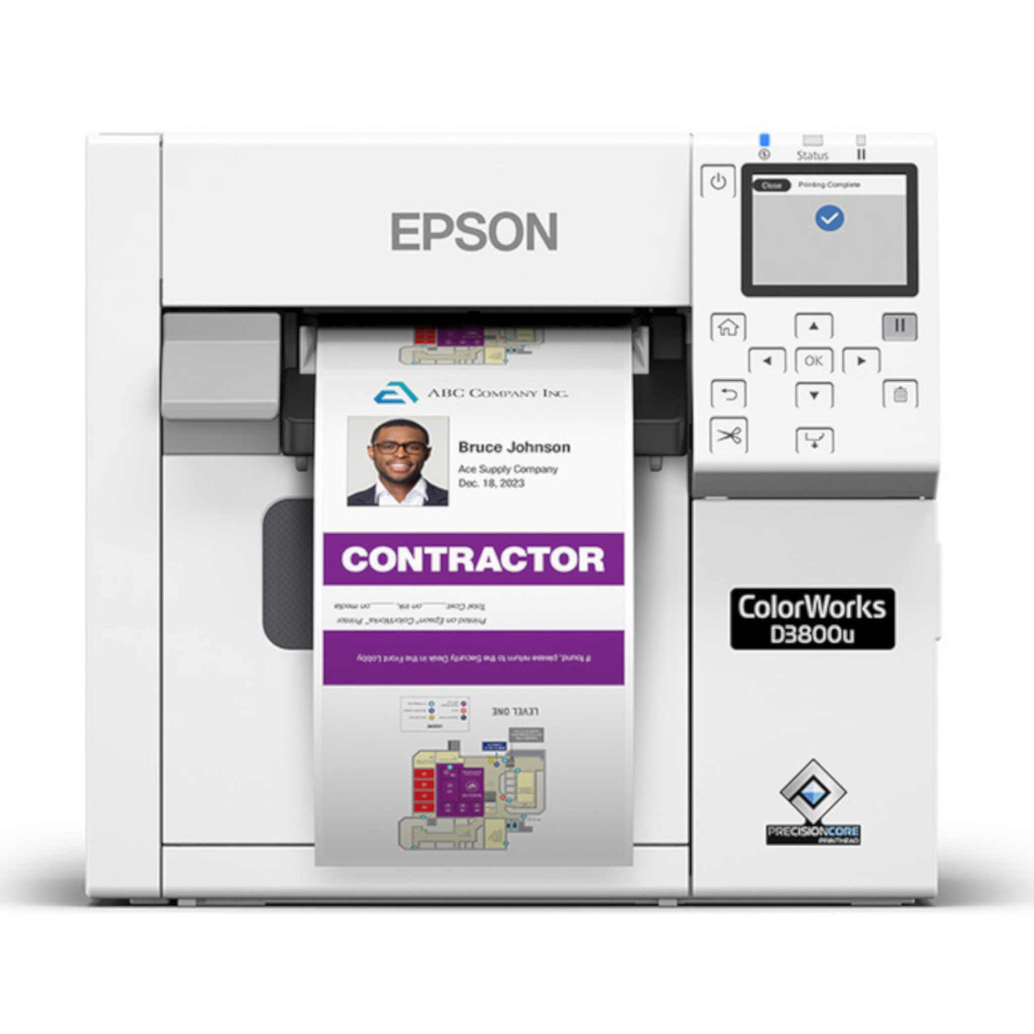 Epson ColorWorks CW-D3800 color label printer printing a contractor visitor badge with a color photo, name, company, and floor map.