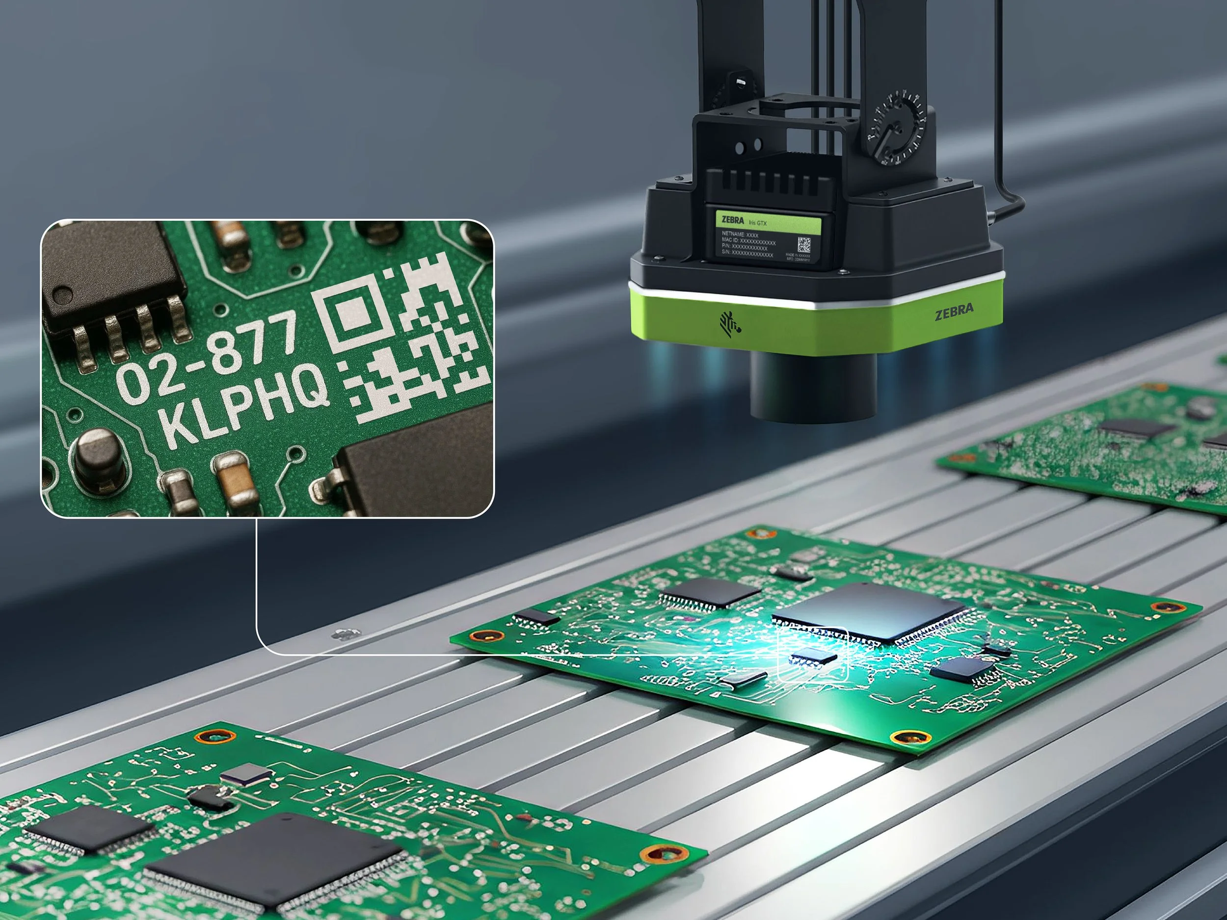 Zebra fixed industrial scanner capturing OCR text and a Data Matrix code on printed circuit boards moving along a production line.