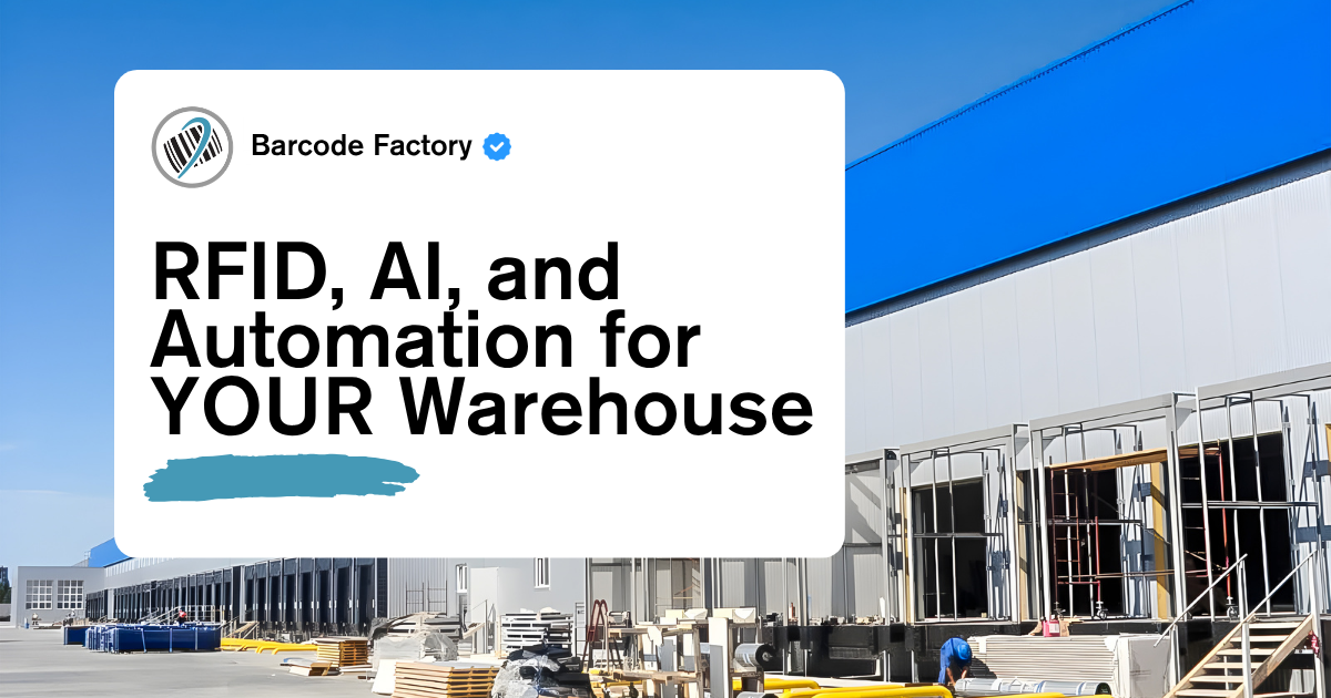 rfid, ai, and automation for your warehouse title with a barcode factory logo and a warehouse in the back