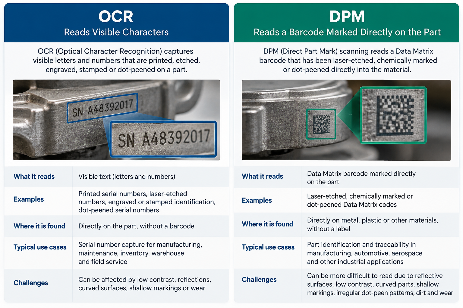 OCR vs. DPM comparison showing OCR reading visible serial number text and DPM scanning a Data Matrix barcode marked directly on an industrial part.