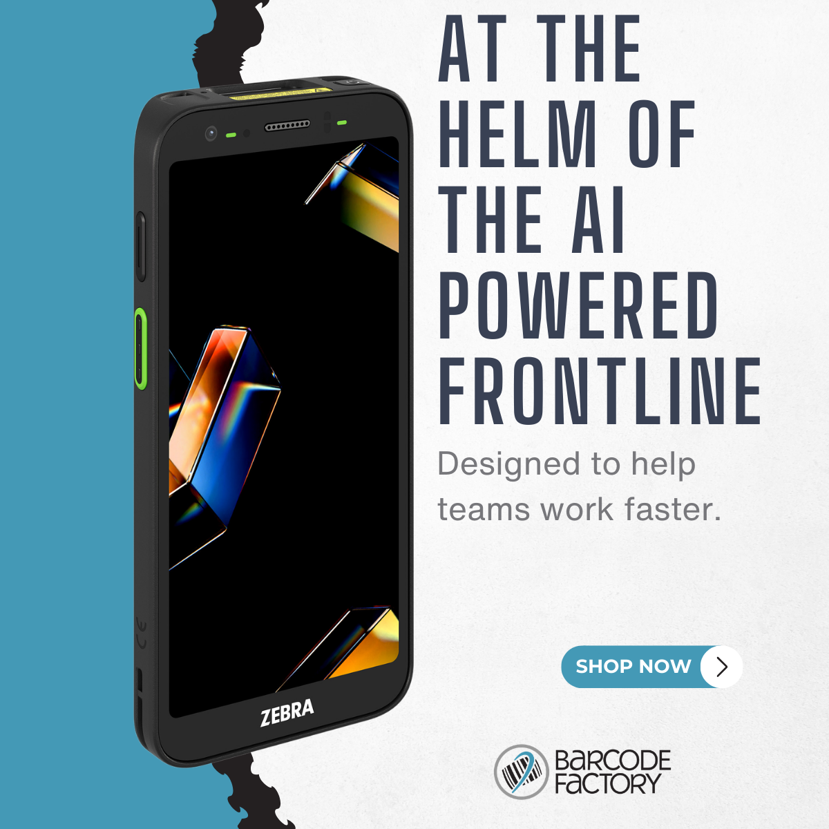 image of zebra mobile computer with text promoting it as being at the helm of the ai powered frontline