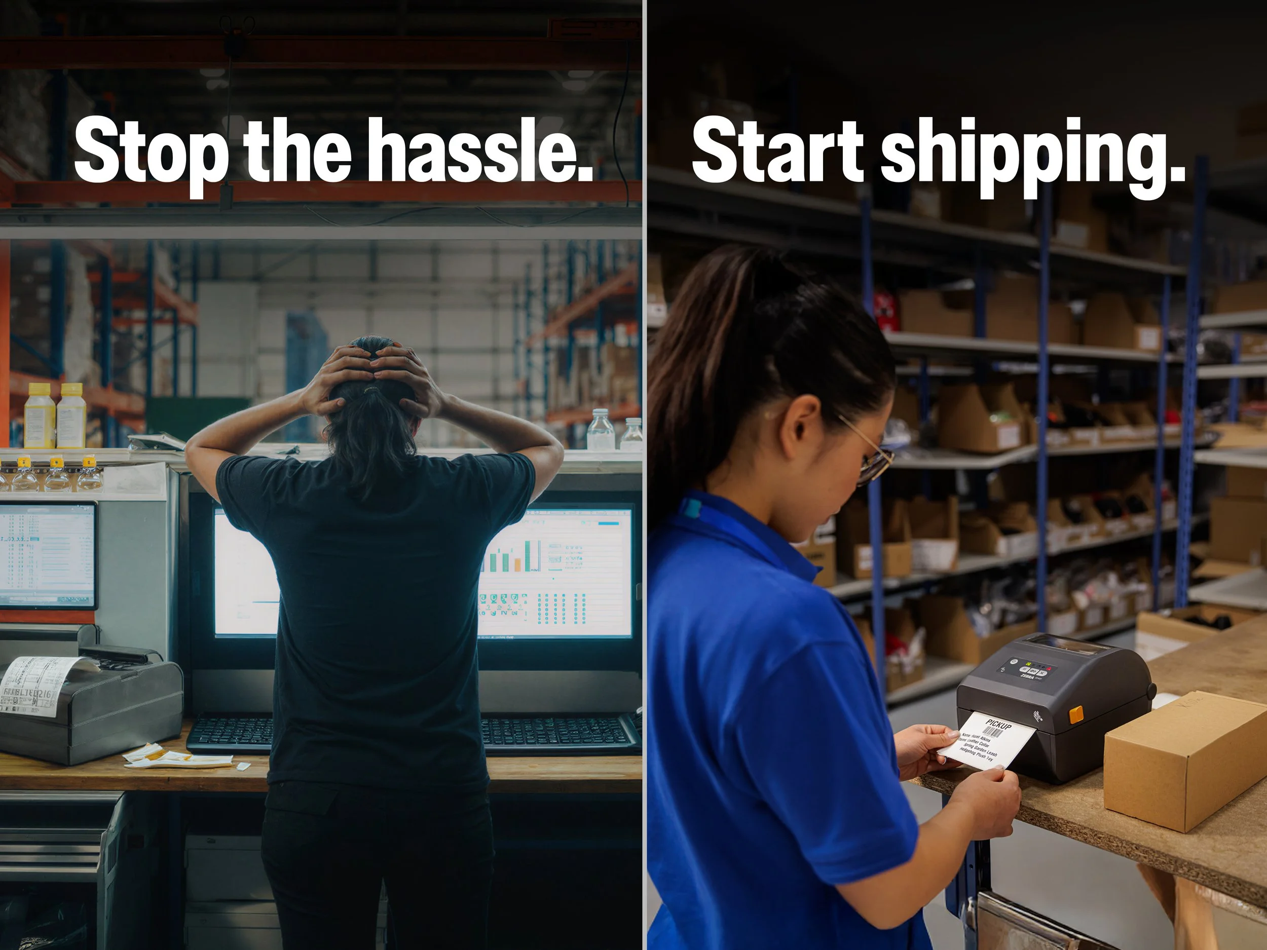 Split-screen warehouse graphic showing a stressed worker with a label printer under the text “Stop the hassle.” and another worker printing a shipping label with a Zebra desktop printer under the text “Start shipping.”