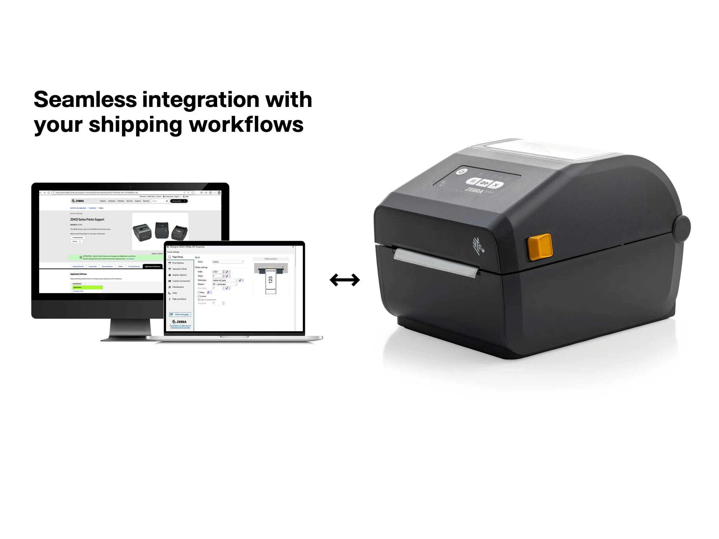 Zebra ZD421 desktop printer shown beside a computer and printer settings screen with text reading “Seamless integration with your shipping workflows.”