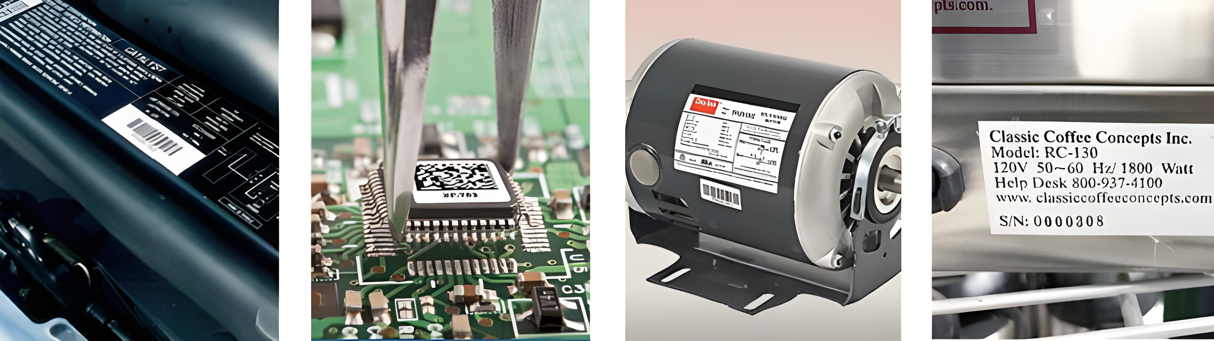 Examples of high temperature and heat resistant label applications, including a barcode label on industrial material, a label on an electronic circuit board, a label on a motor, and a product identification label on equipment.