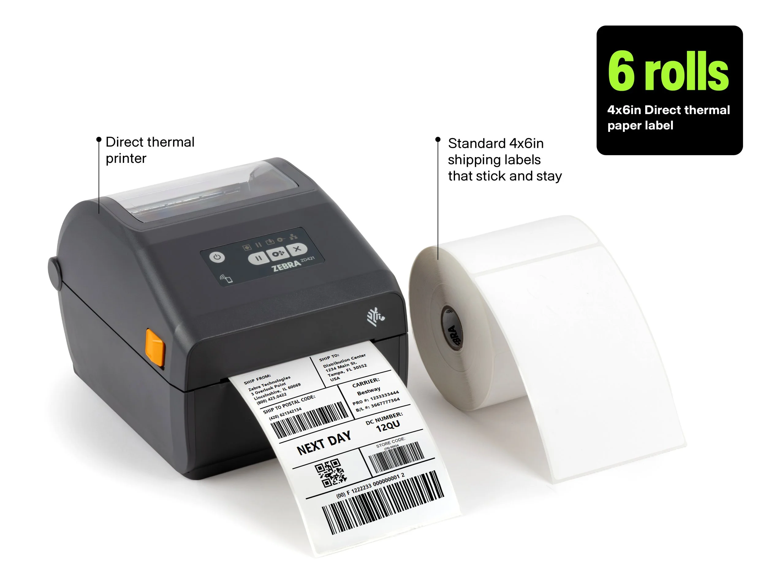 Zebra ZD421 direct thermal printer shown with 4" x 6" shipping labels and callouts noting the direct thermal printer and six rolls of direct thermal paper labels included.
