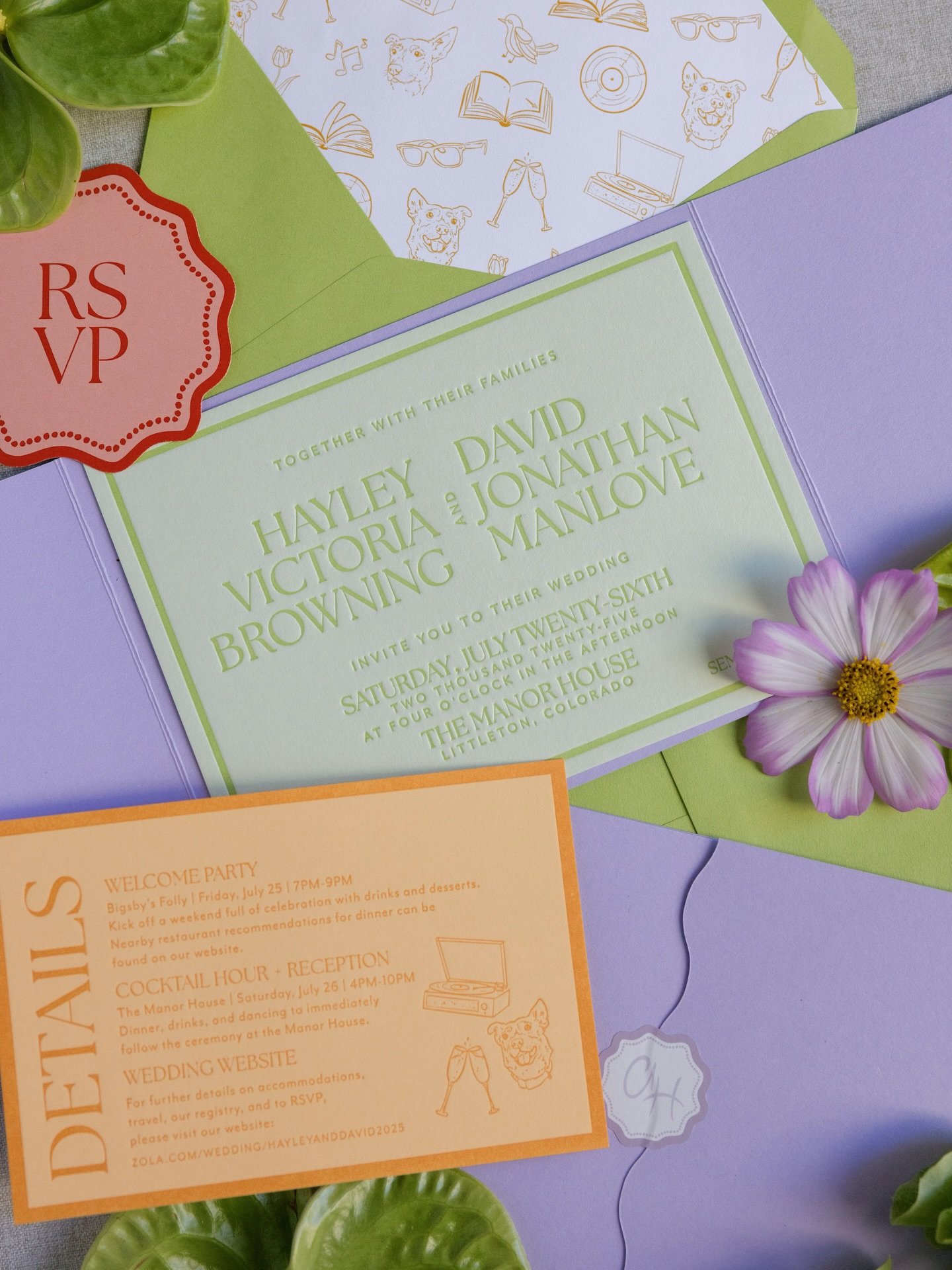 An invite suite filled with color, personal details and doodles. We made a custom doodle pattern of H+Ds favorite things, from their dog to the Groom&rsquo;s bird tattoo - because life needs a bit of whimsy! The tonal letterpress will forever be a fa