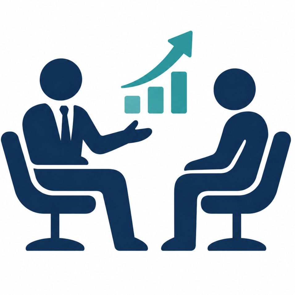Illustration of two people in a business meeting, with one person presenting a rising bar chart and arrow.