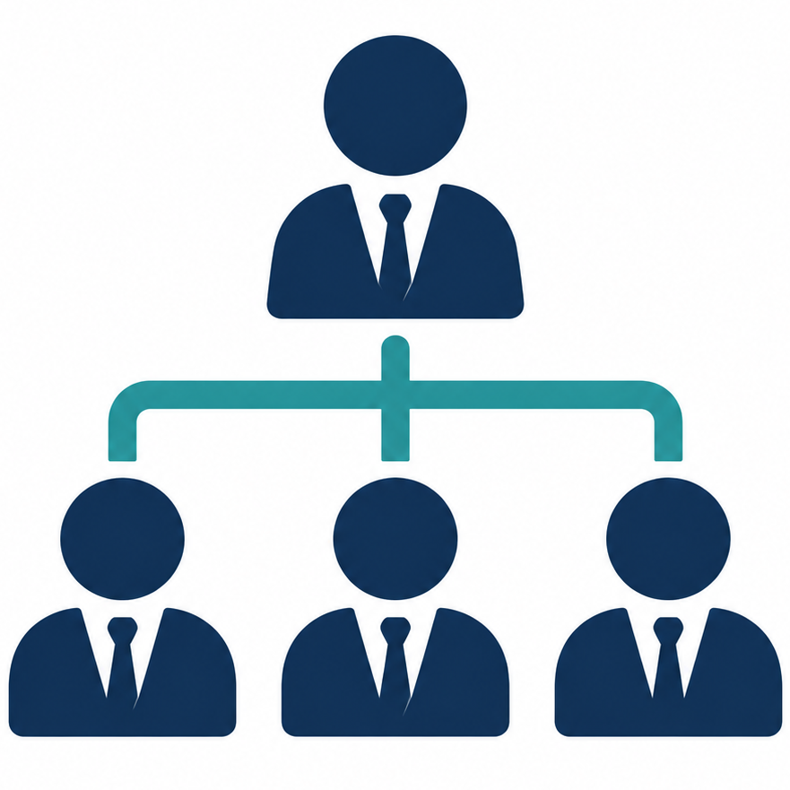 Icon of a business hierarchy with one person at the top connected to three people below, representing organizational structure.