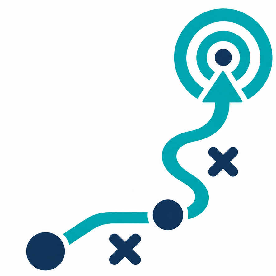 Illustration of a game plan with a blue path, four dark blue circles, and three X marks, leading to a target icon at the top.