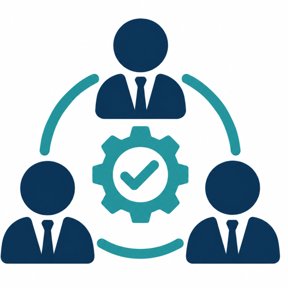 Icon of three business people with a gear and checkmark in the center, representing team management or workflow.
