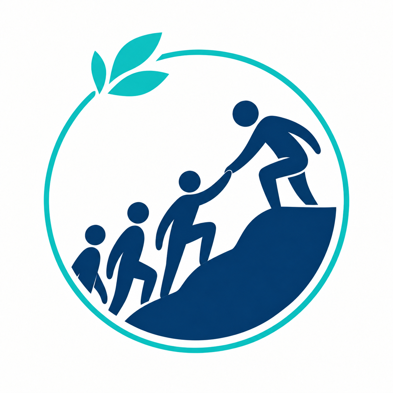 Illustration of people helping each other climb up a slope, symbolizing teamwork and support, with a leaf in the top left corner.
