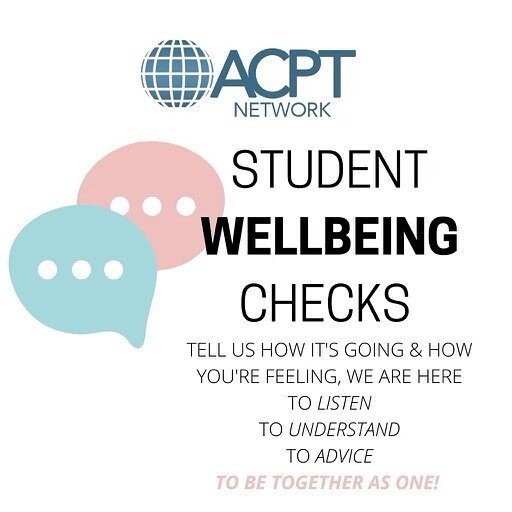 Good evening! ACPT presents Student well-being checks. We appreciate that this is a difficult time for everyone, but we do not want to neglect our physiotherapy students. We aim to support in two ways:
1. Send out a monthly email to encourage you! 
2