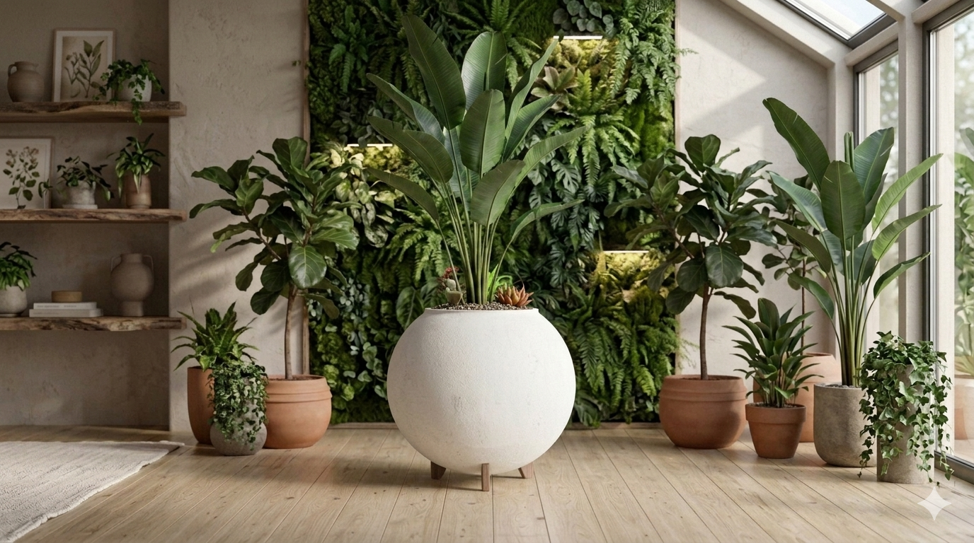 Minimalist large white spherical textured planter on short wood legs in a modern neutral living room.