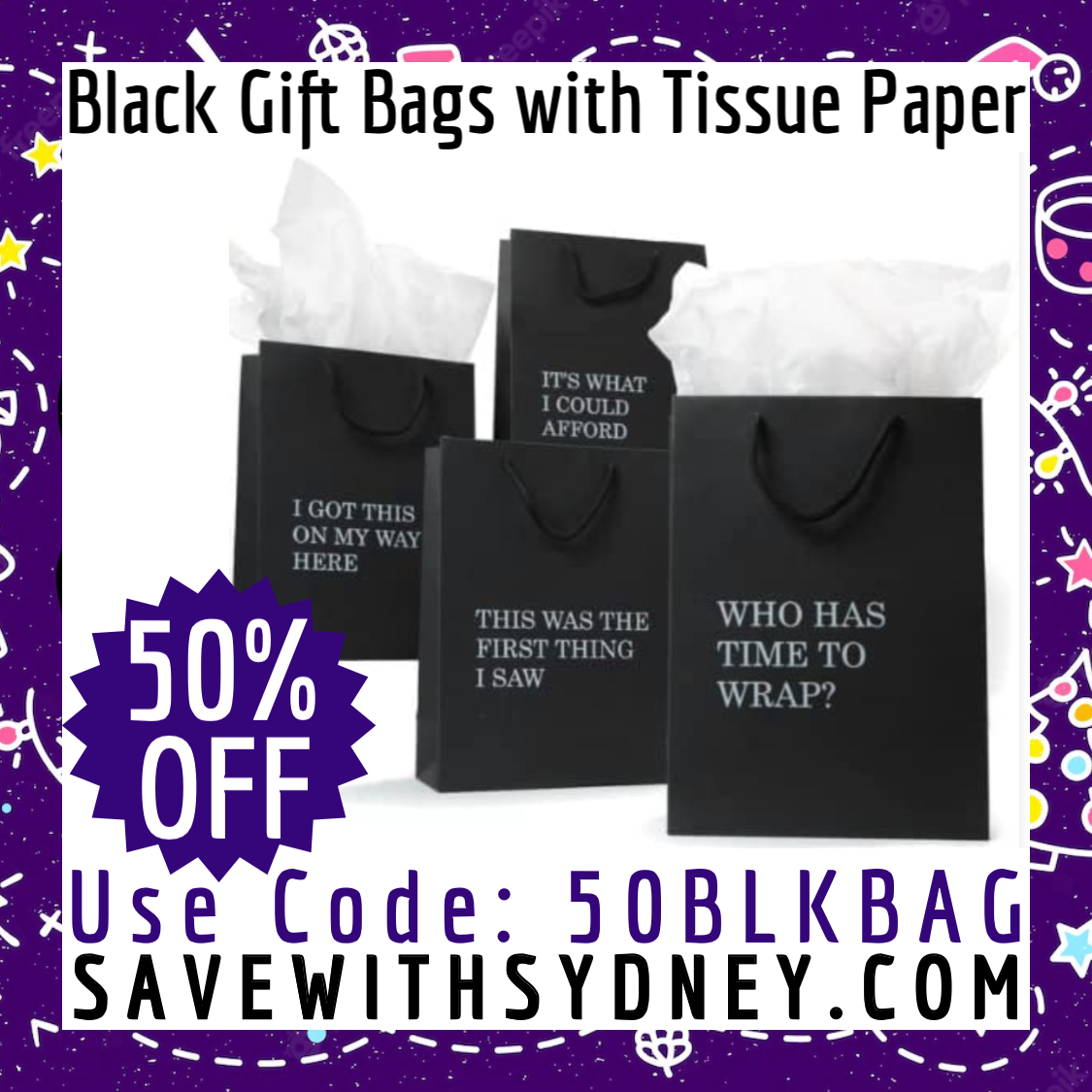 Black Gift Bags with Tissue Paper (4pk) - $8.99 — Save with Sydney