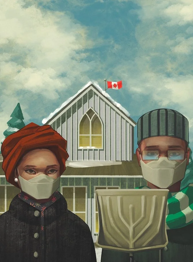 Two people wearing masks stand outside a house with a Canadian flag on the roof in a winter setting.