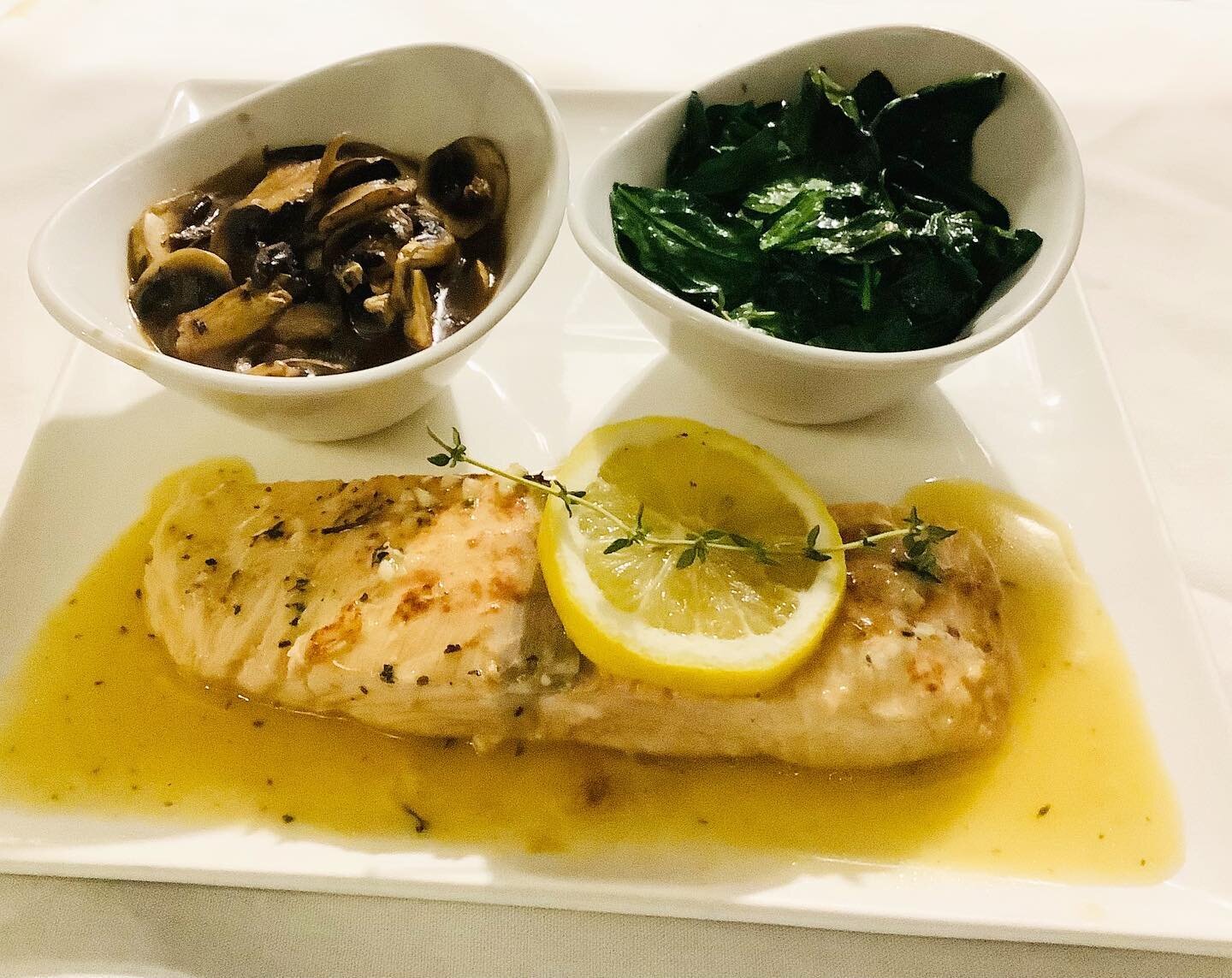 Perfectly saut&eacute;ed Salmon with saut&eacute;ed mushrooms and spinach. 

Join us this weekend.