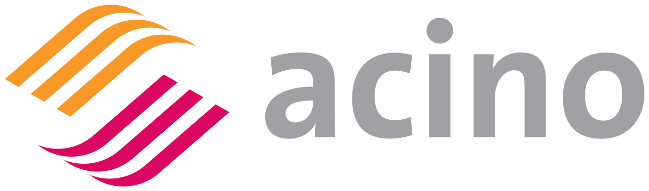 Acino pharmaceutical company logo with orange and magenta abstract stripes and gray wordmark