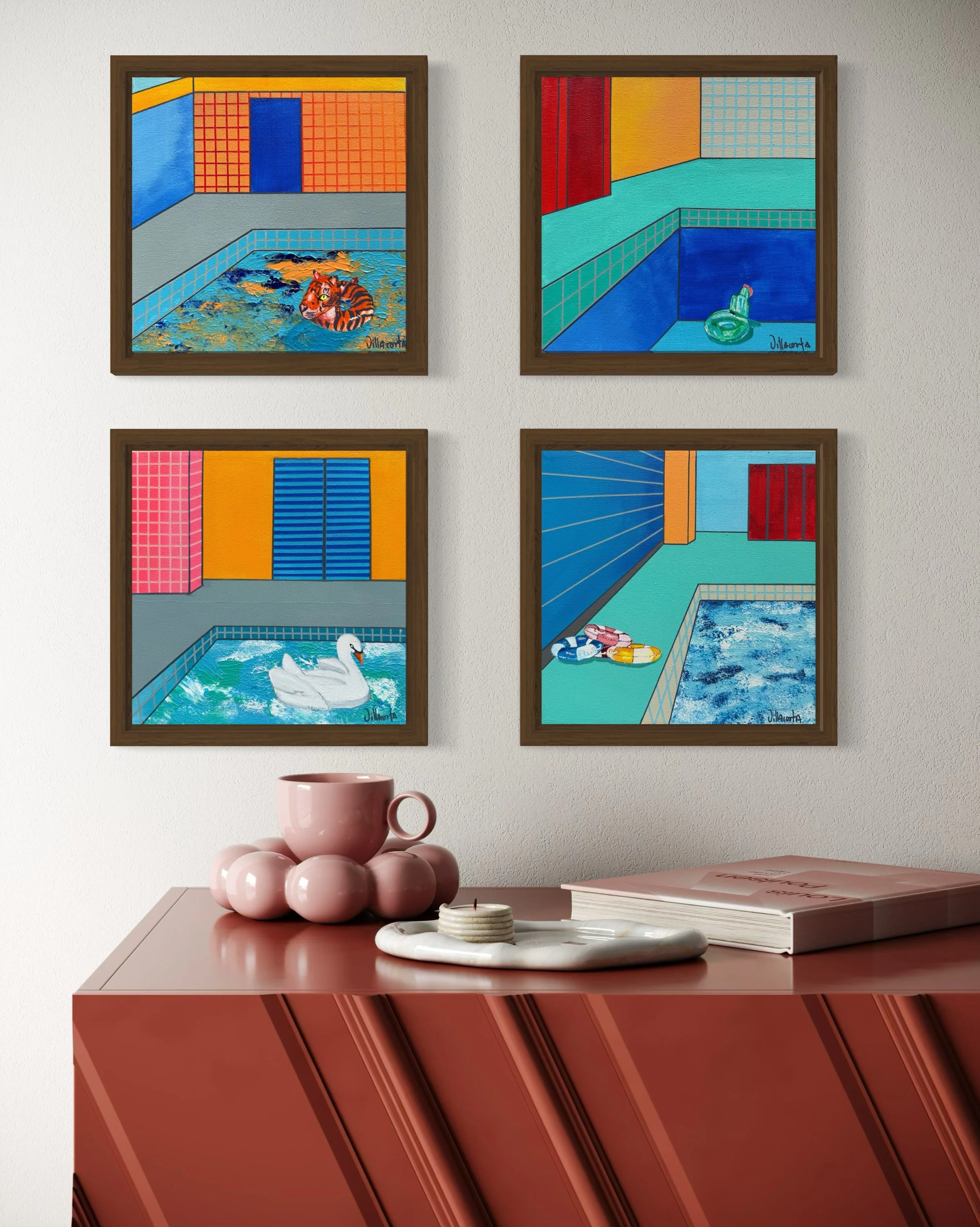 Artista: Maria Jose Villacorta
Titulo: Bundle of 4
Medidas: 23 x 23 cm (c/u)
Técnica: Acrílico sobre lienzo con marco de madera