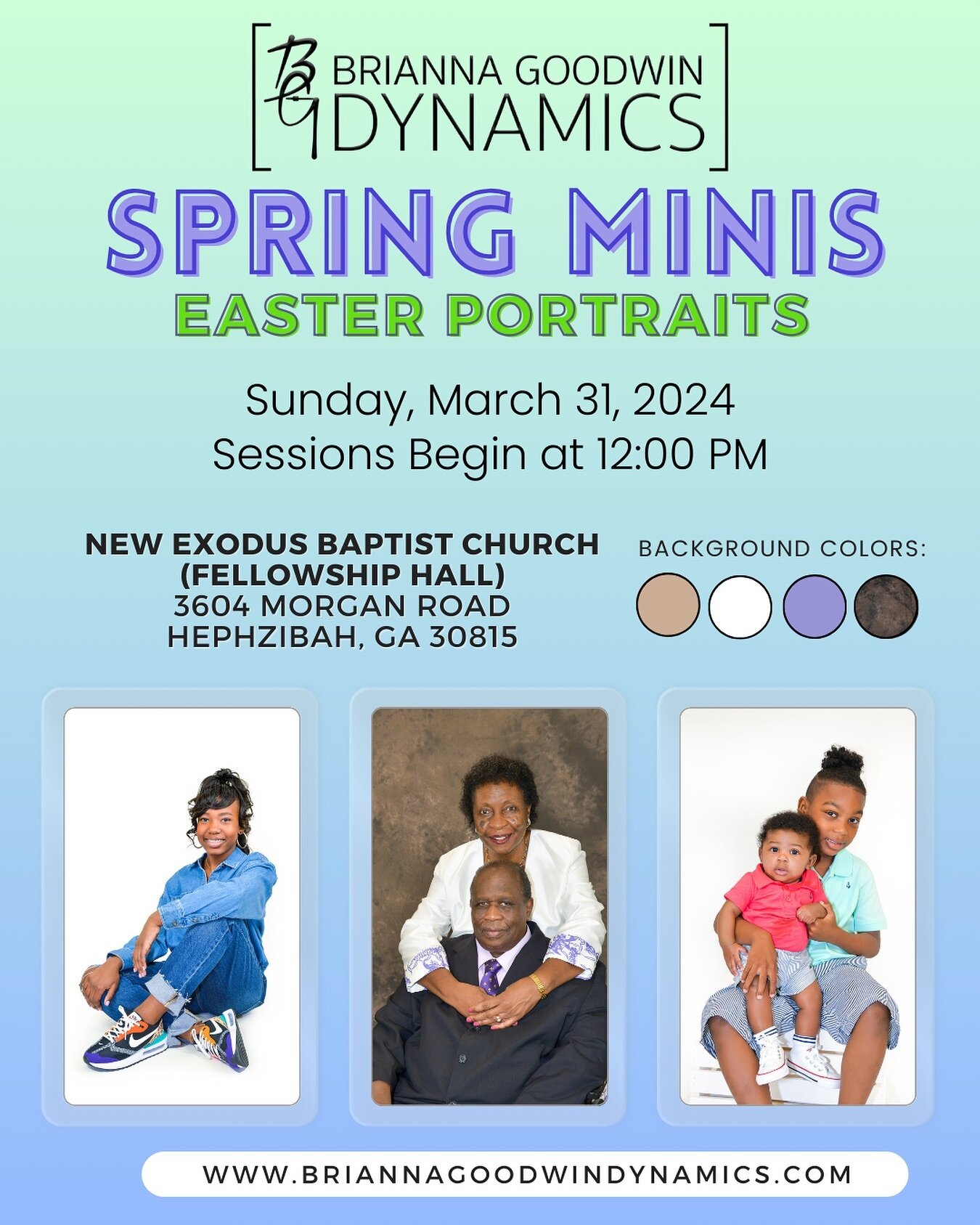 It&rsquo;s that time again for Spring Minis!🌷🌼
This year, I will be back at New Exodus Baptist Church for Easter Portraits on Sunday, March 31, 2024! Comment &lsquo;MORE INFO&rsquo; or send me a message for details. ⚡️

www.briannagoodwindynamics.c