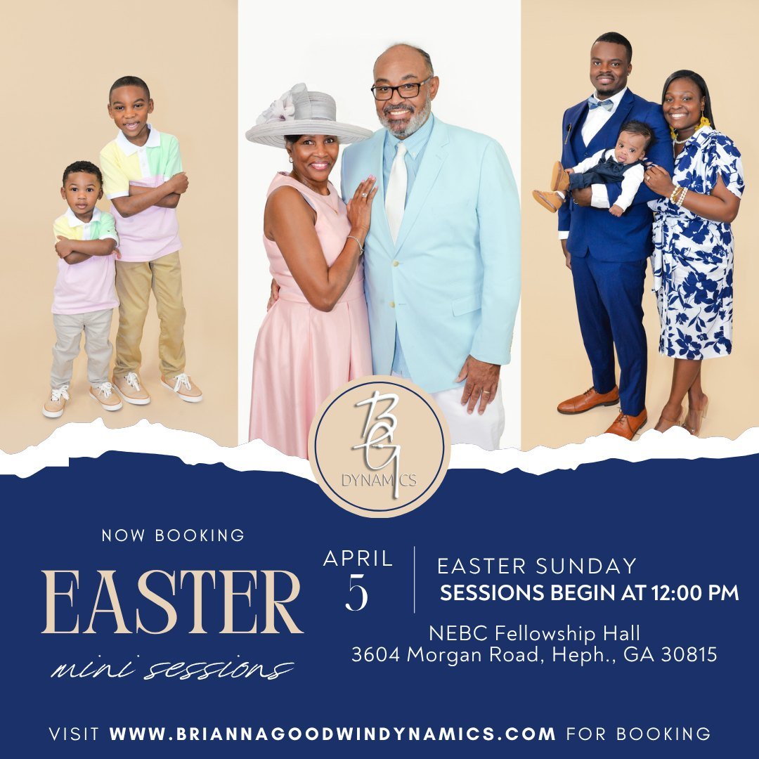 🌸 Easter Mini Sessions are NOW OPEN for booking! 🌸

Capture the joy of the season with a beautiful, professionally retouched digital photo. Sessions will be held on April 5th at New Exodus Baptist Church (Fellowship Hall), starting at 12:00 PM.

📅