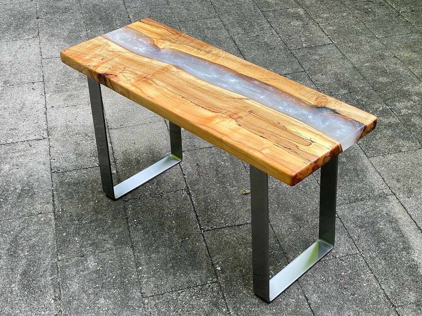 Spalted maple river bench with brushed stainless steel legs.✨