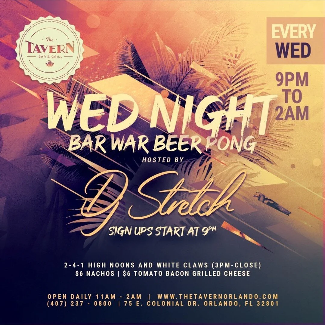 You know the drill! Join us around the corner every Wednesday for Bar War Beer Pong. Do you think you have what it takes to win? #thetavernorlando #orlandofoodie #orlandoeats #beerpong #barwar #wednesdaymood