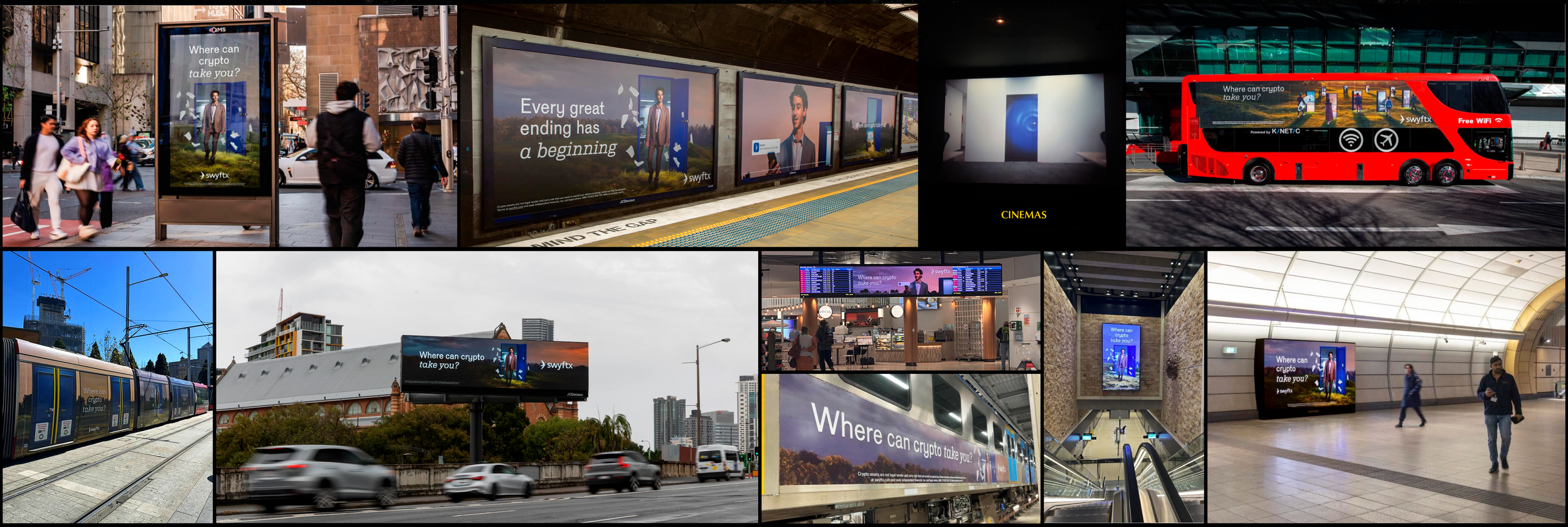 Multiple digital advertisements displaying the question 'Where can crypto take you?' in various urban and transit settings, including bus stops, train stations, and city streets.