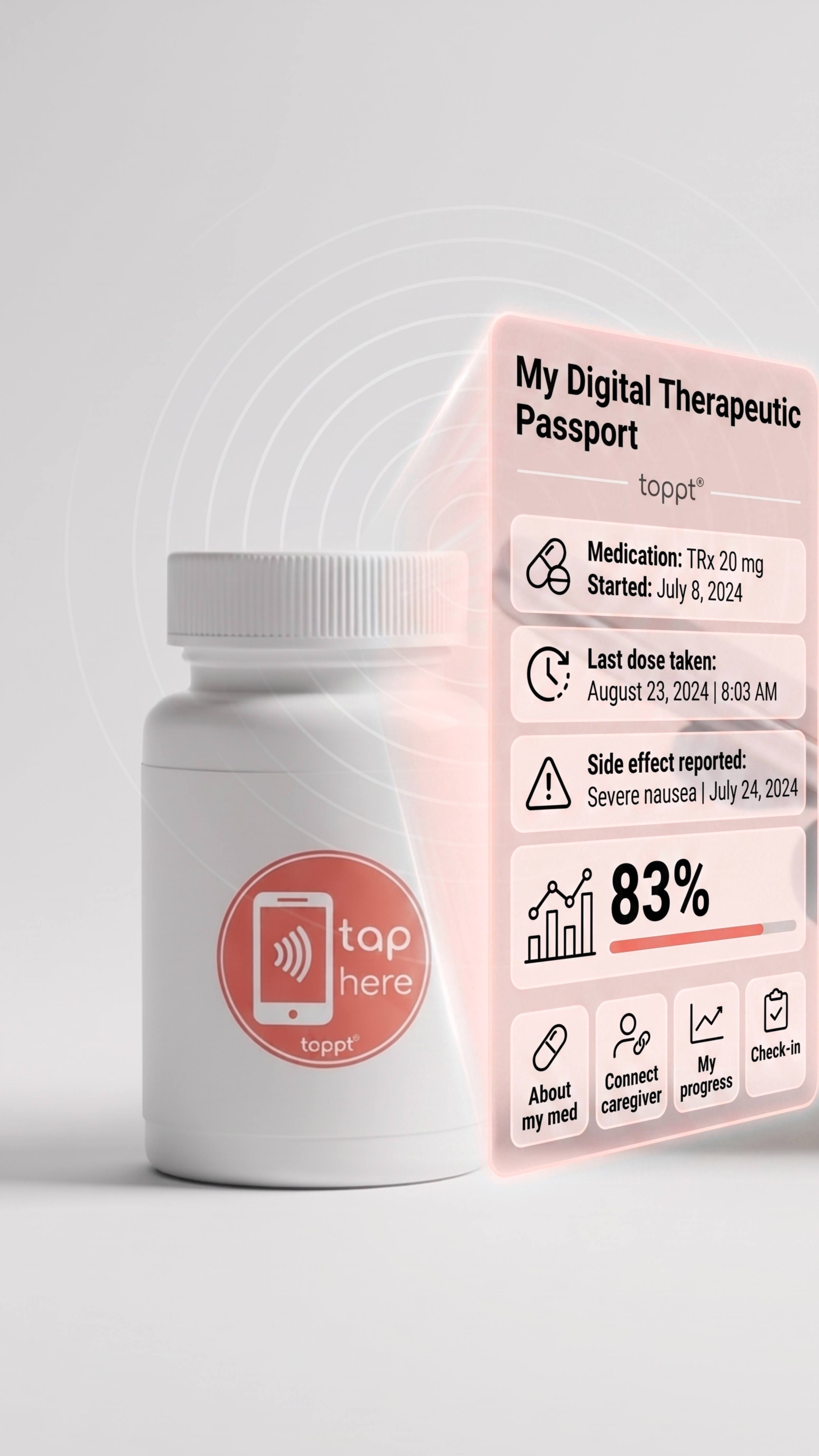Tappt as a digital therapy passport and medication companion showing real-time adherence data, last dose, side effects, and patient progress