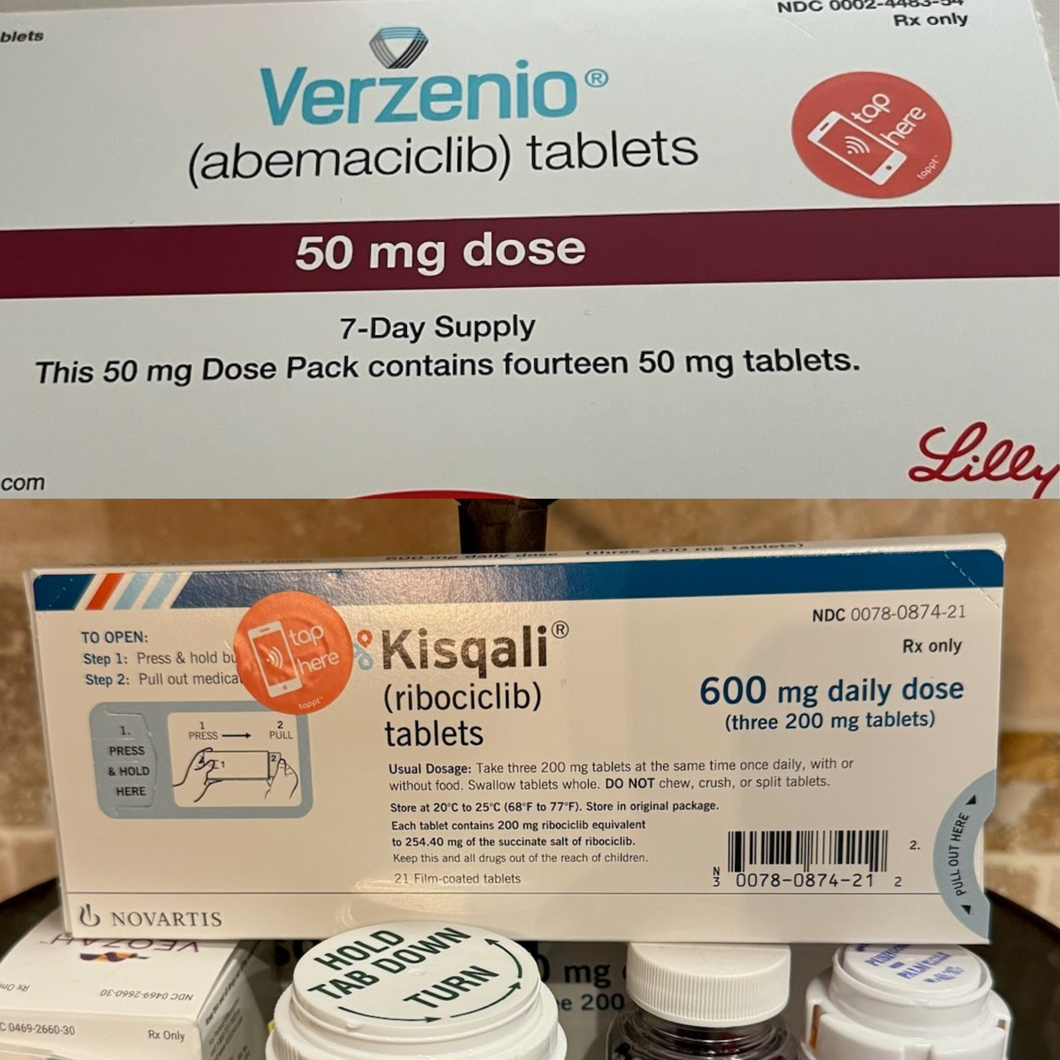 Verzenio and Kisqali CDK4/6 inhibitor medication packaging fitted with Tappt smart labels for real-time adherence monitoring through the Synchronyx remote therapeutic monitoring platform.