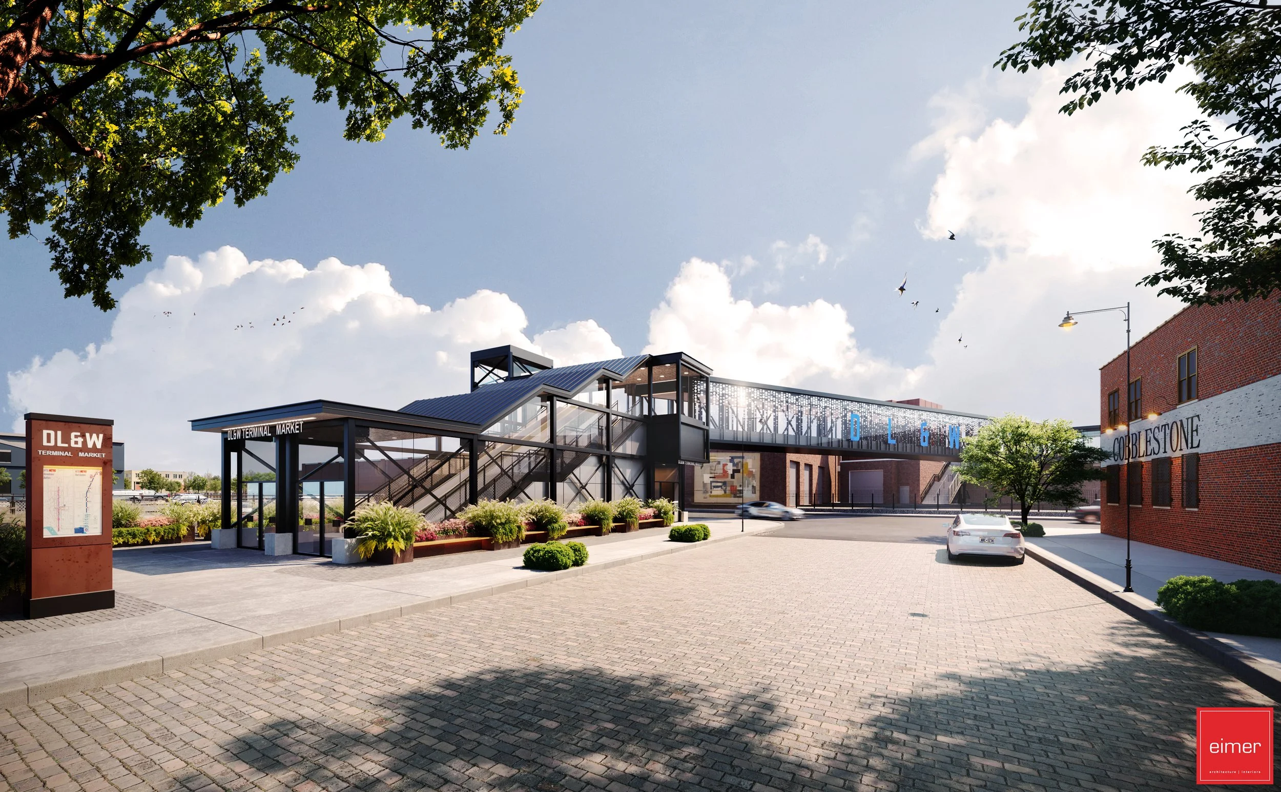 Rendering of DL&W Terminal Market in a modern architectural style with a glass-enclosed entrance, brick walls, and a pedestrian bridge, set under a partly cloudy sky with birds flying and some trees and cars in the area.