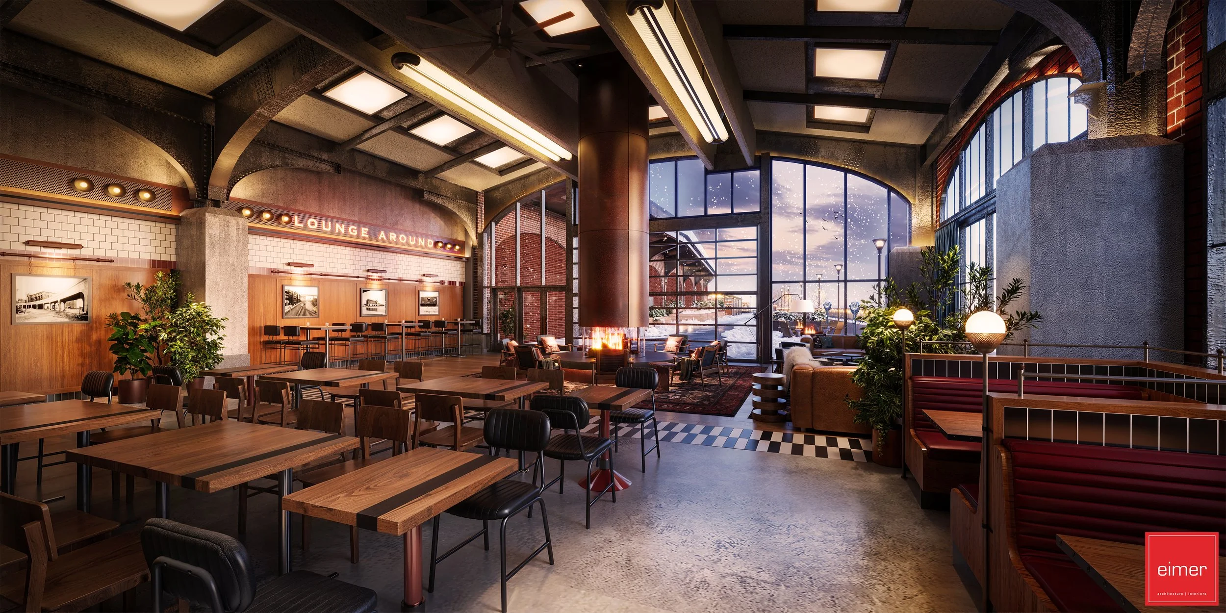 Interior of a stylish lounge with wooden tables, black chairs, green plants, and large windows showing a water view and sky with stars. Cozy seating around a fireplace with modern lighting and decor.
