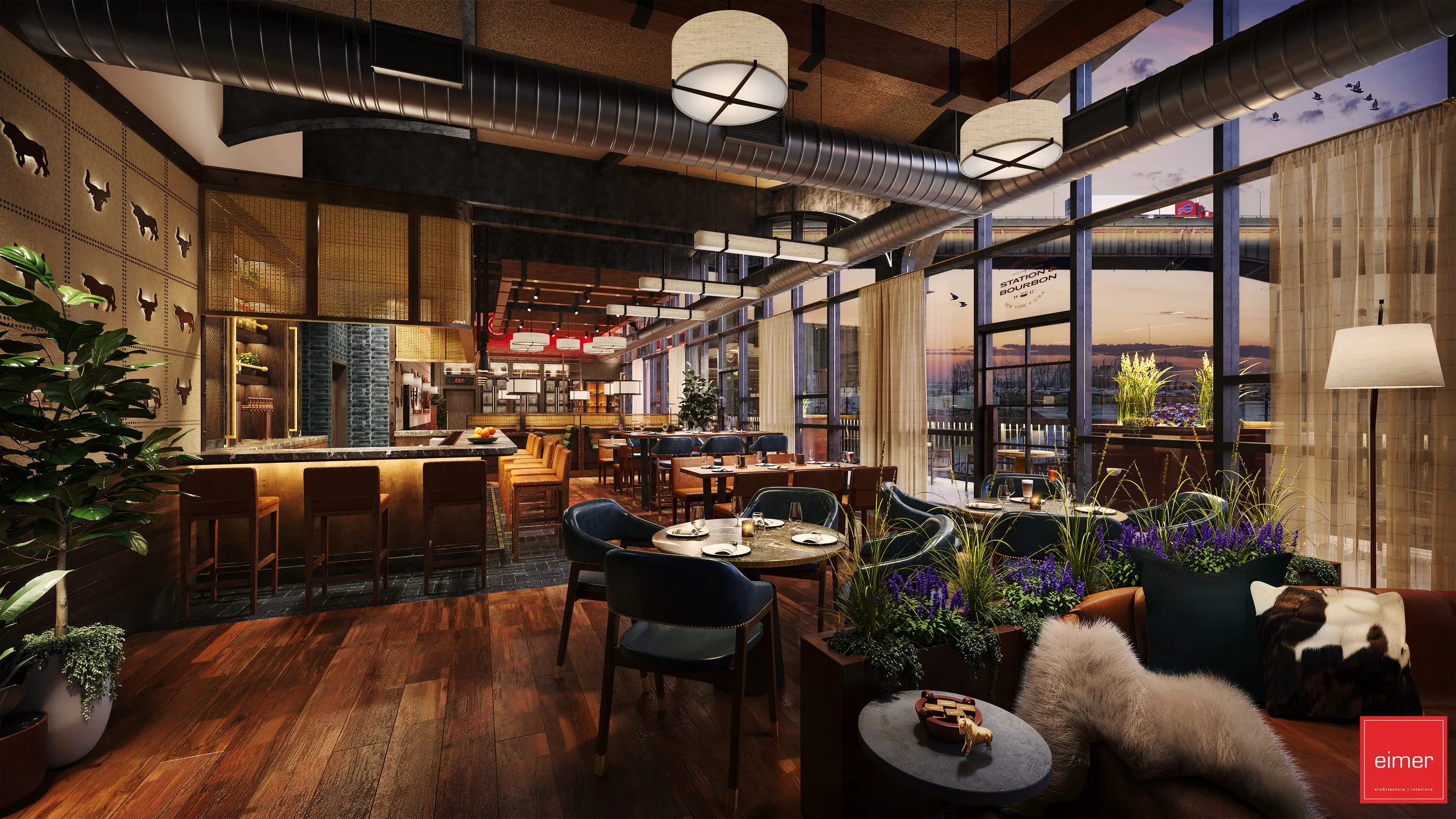 Interior of a modern restaurant with large glass windows showing a sunset sky, decorated with plants, leather chairs, and wooden flooring.