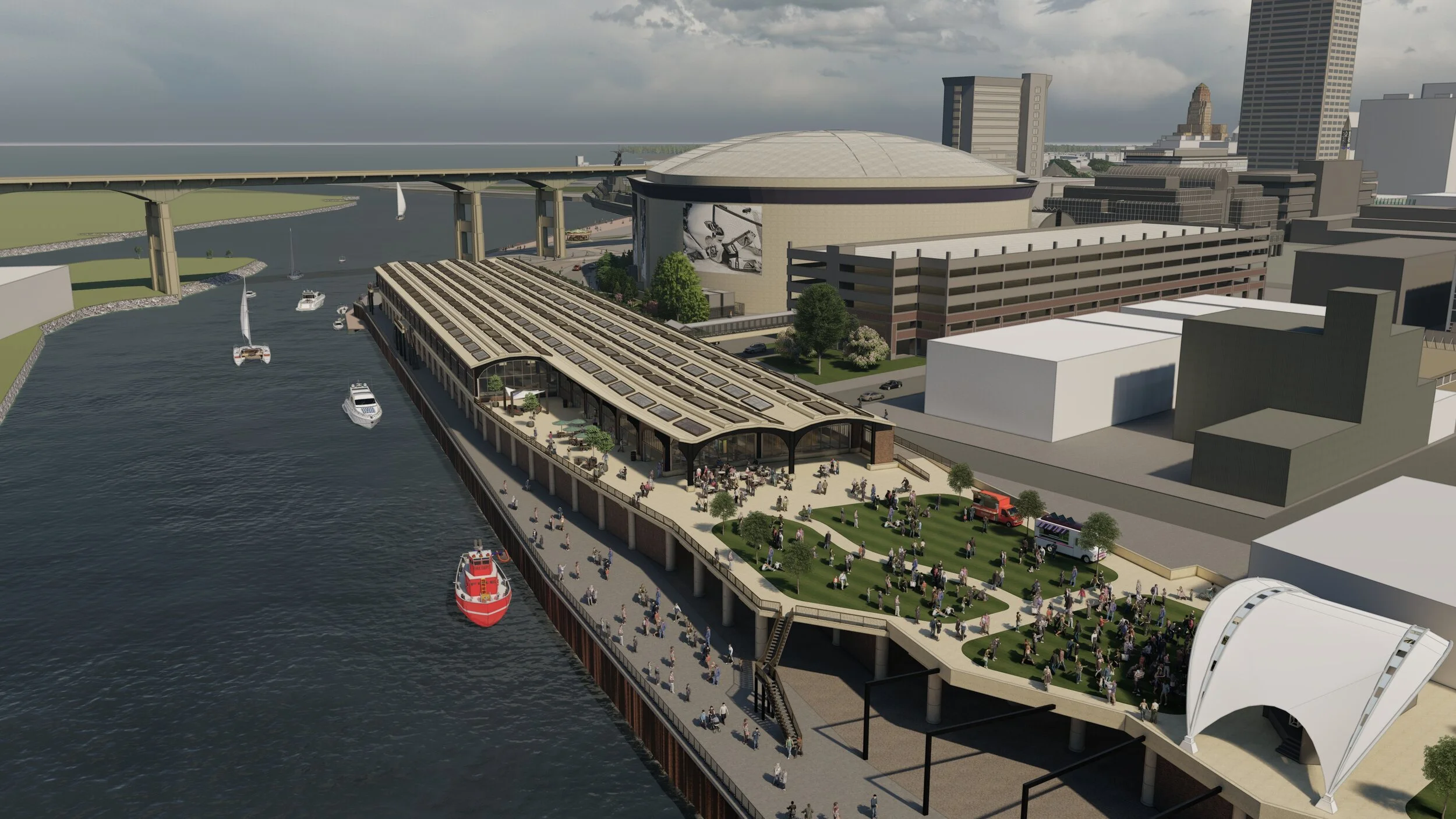A bird's eye view of the DL&W terminal, located on Buffalo, NY's waterfront, is fully activated and full of people.