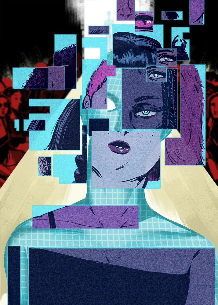  "Models". 5x7in. Photoshop. One of three illustrations about AI's negative effect on the creative field was done over the summer residency. It is about how the fashion industry is leaning toward AI-generated models to showcase diversity while possib