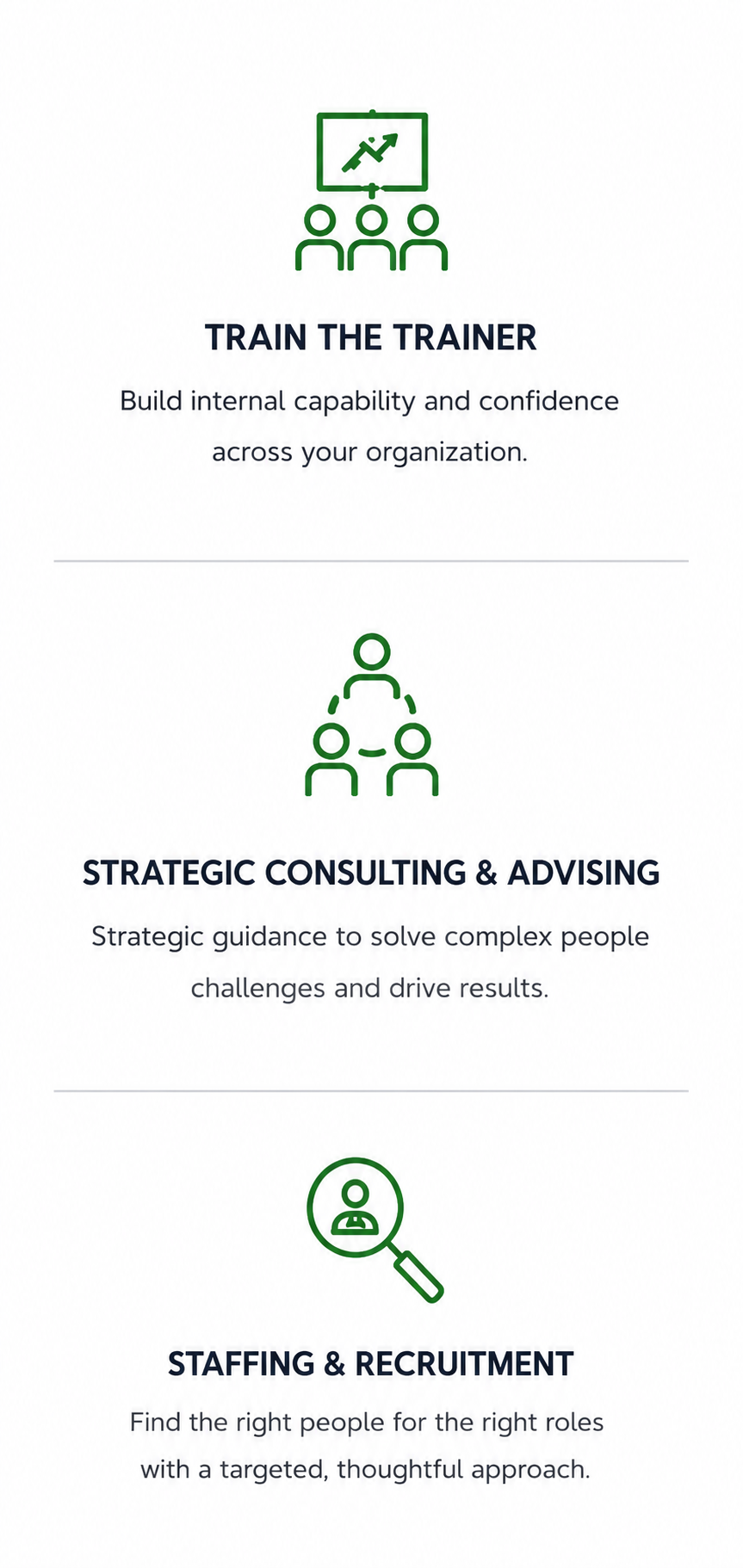 Steps for organization development with icons: Train the Trainer, Strategic Consulting & Advising, Staffing & Recruitment.