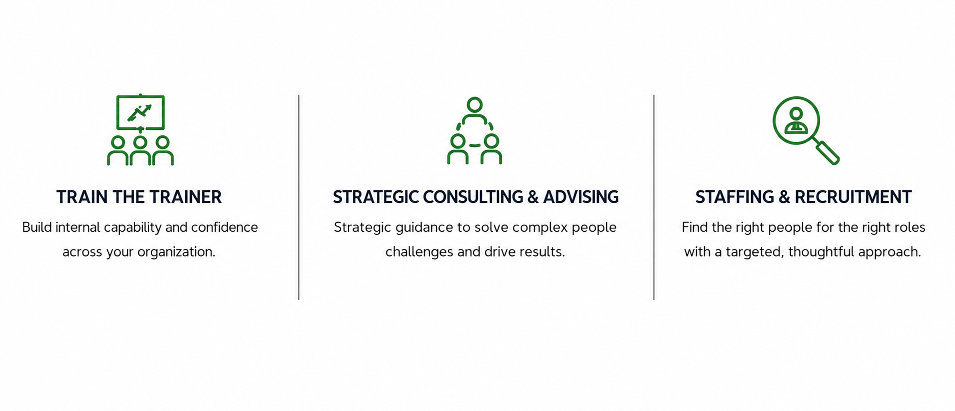 An infographic with three sections: 'Train the Trainer' with an icon of four people and a presentation board, 'Strategic Consulting & Advising' with an icon of four interconnected people, and 'Staffing & Recruitment' with a magnifying glass examining a person icon. Each section contains a brief description of the respective service.