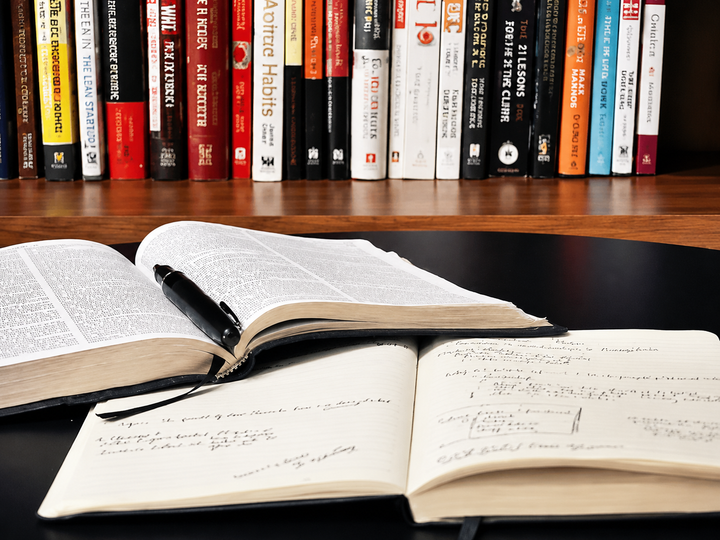 Open books, one with handwritten notes and a pen, on a desk with a bookshelf filled with various books in the background.