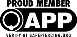 Logo for Proud Member APP with a black and white design and the text 'Verify at SafePiercing.org'