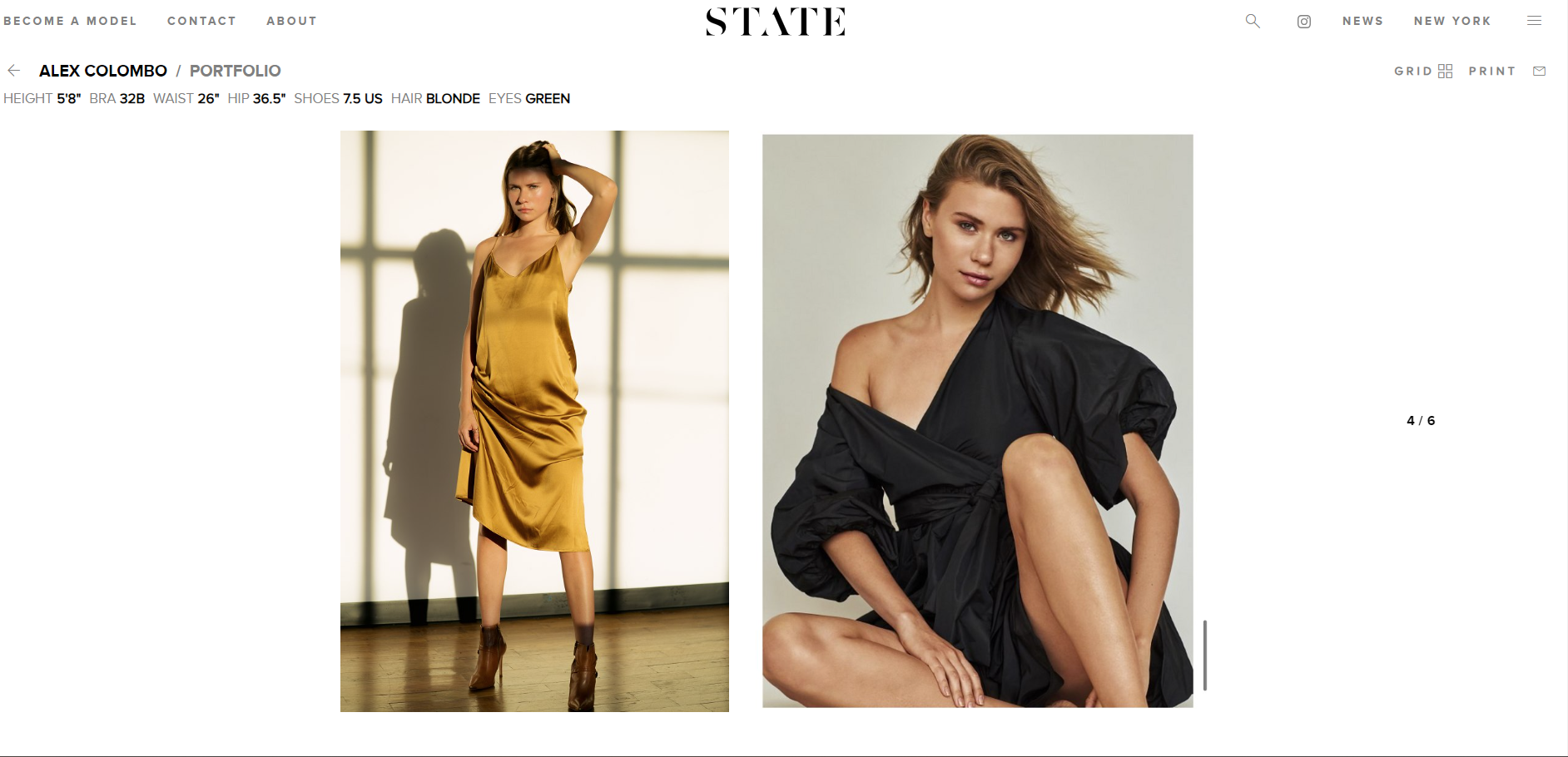 Two fashion model portraits displayed side by side. The left model is wearing a gold satin slip dress with brown ankle boots, standing in front of a wall with large shadowed windowpanes. The right model is in a black one-shoulder, puff-sleeve dress, 