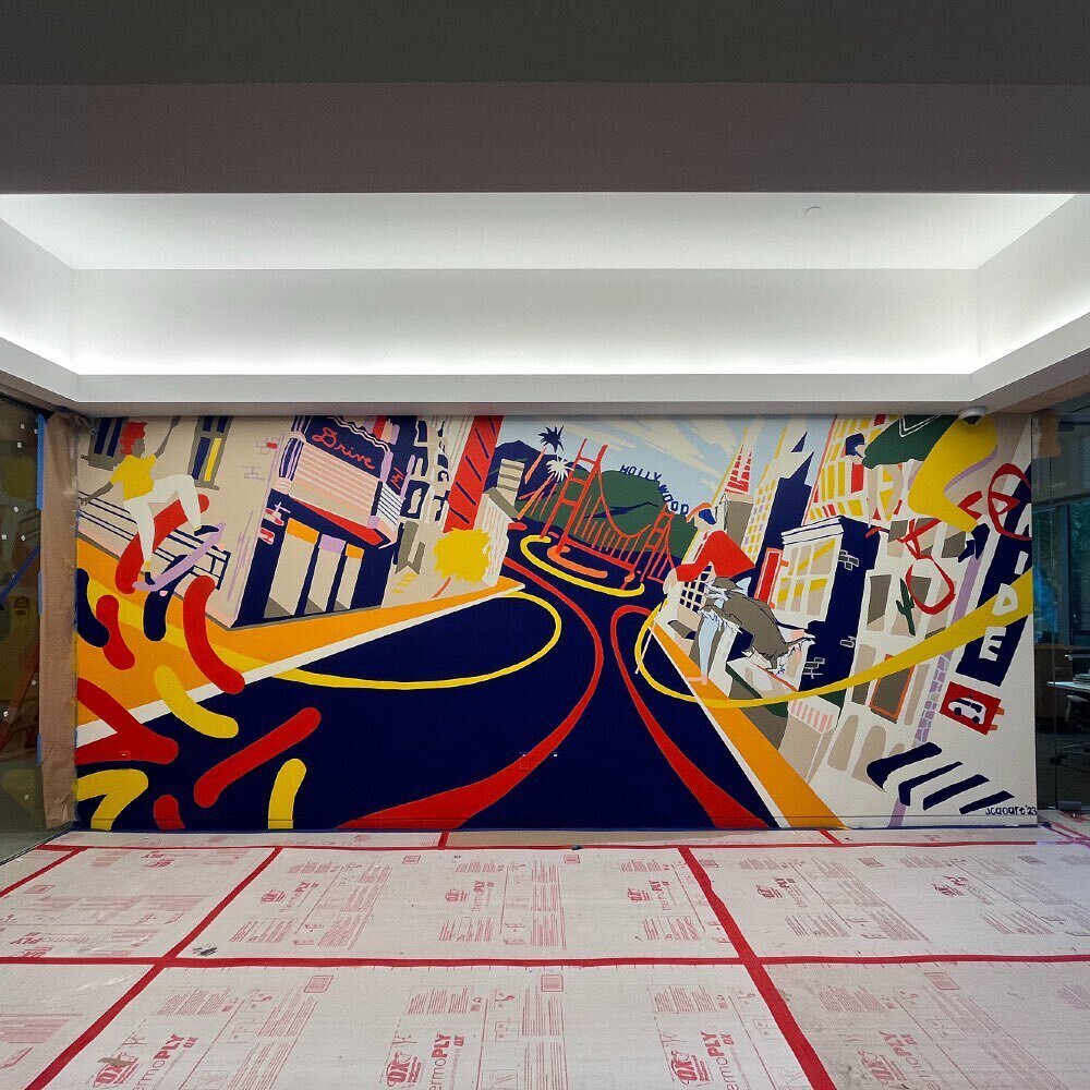 In the Fall, Local Color commissioned @jcaoart and @sidylife to design murals for Waymo.
.
Jessica created a welcoming mural inside Waymo&rsquo;s new lobby in their Mountain View office, creatively incorporating the company&rsquo;s values and locatio