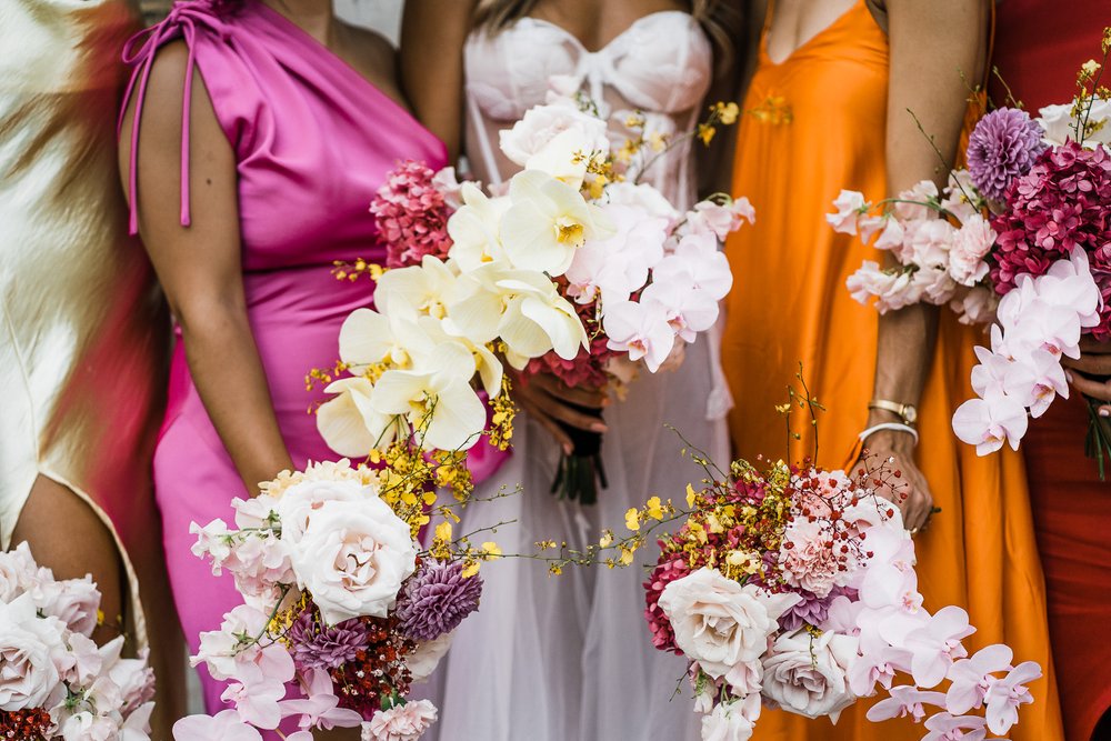 bride and bridesmaids’ fresh flower bouquet at the wedding in Storehouse Subiaco, Perth Australia 