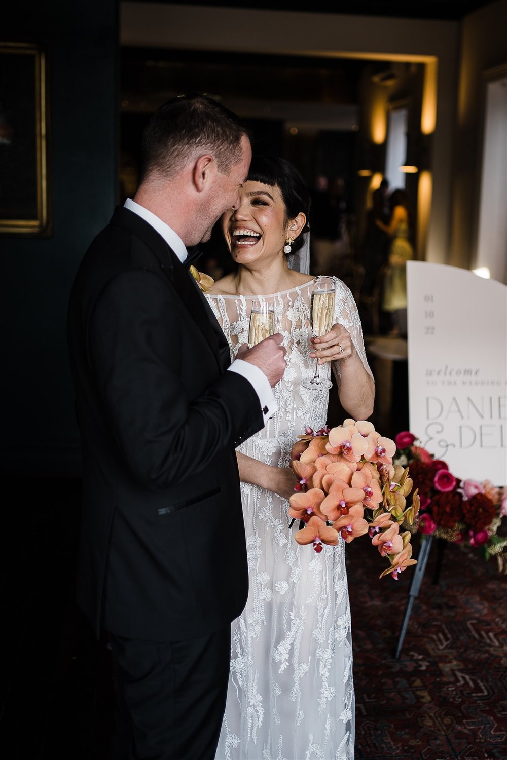  couple smiling in the reception of their wedding in Guildhall Eventspace in Fermantle, Australia 