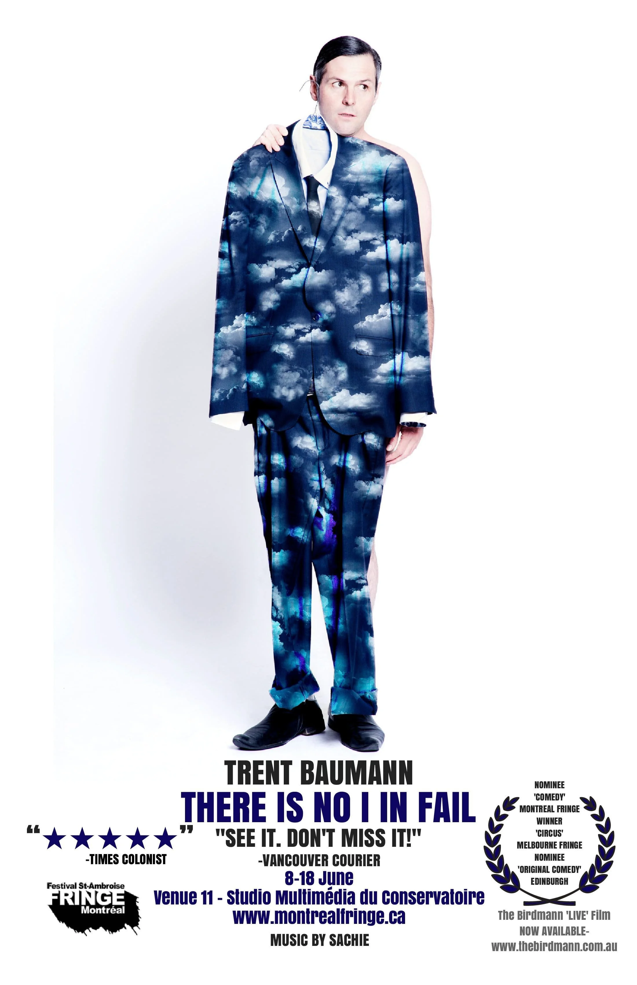 Poster for a theatrical production featuring a man in a suit with clouds printed on the fabric, standing against a white background.