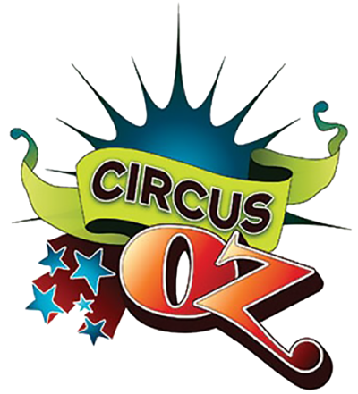 Circus Oz logo with a starburst background, a green ribbon banner reading 'CIRCUS,' and red, blue, and white stars.